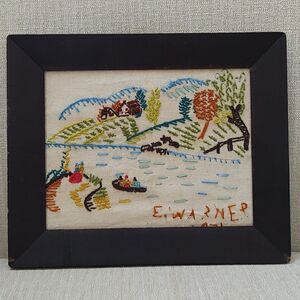 Vintage 1970's Handmade Crewel Fall Country Farm Scene Wood Framed Art Signed